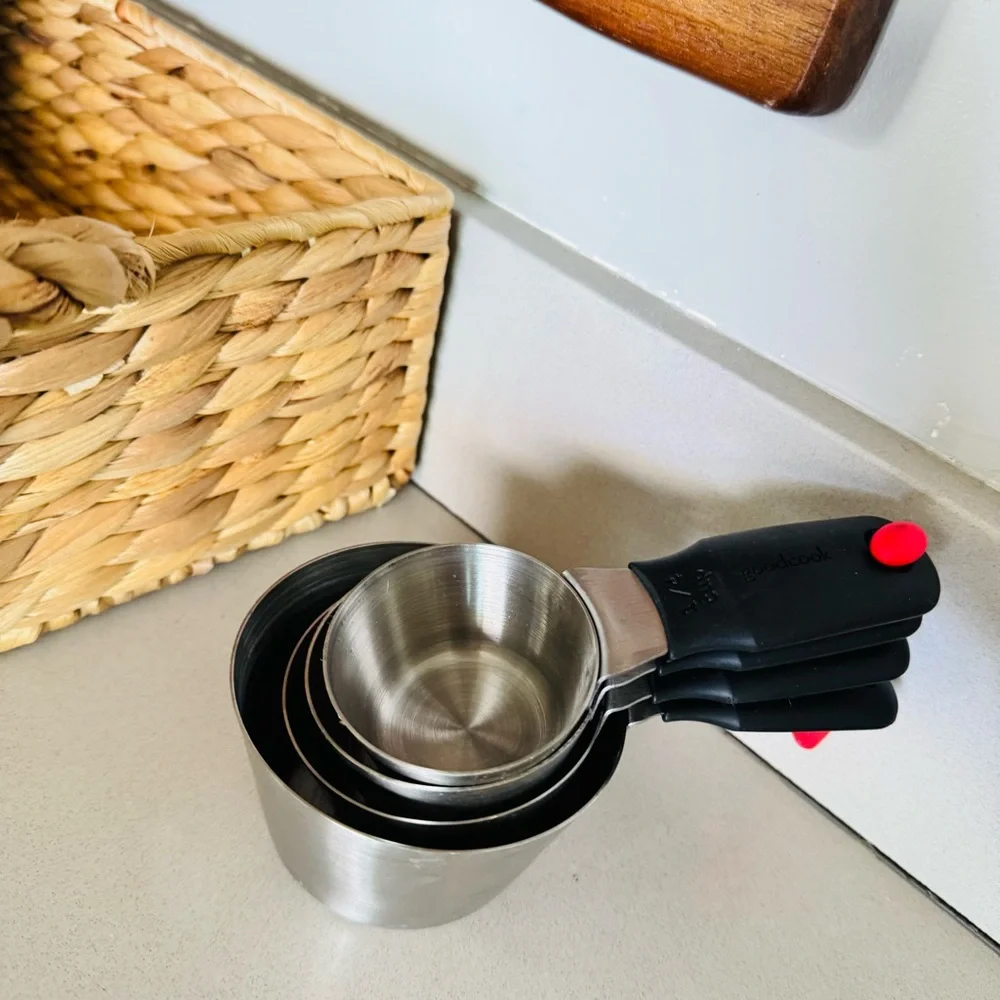 4 GOODCOOK Silver Steel Metallic Cup Black Handle Measuring Cups Cooking Set